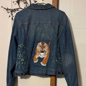 Time and Tru Dark Blue Jean Jacket embroidered tiger, butterfly and other design
